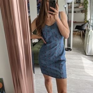 Vintage denim dress, roses embroidered